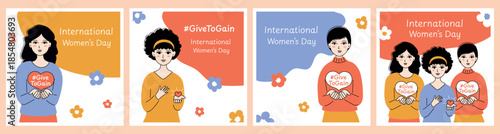 International Women's Day 2026 #GiveToGain. Woman holding her hands outstretched, heart, and flowers. March 8. Set of square banners and media posts for social media. Vector illustration.