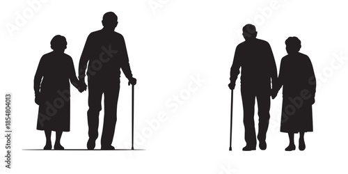 Black silhouettes of an elderly couple walking hand in hand, the man using a cane for support