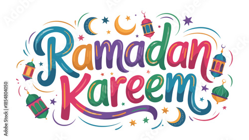 Ramadan Kareem: A vibrant and colorful illustration conveys the spirit of Ramadan Kareem with joyful lettering and charming Islamic ornaments, celebrating the holy month.