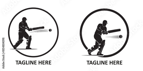Cricket batsman silhouette hitting ball in circular frame logo template for sports club branding and tournament posters