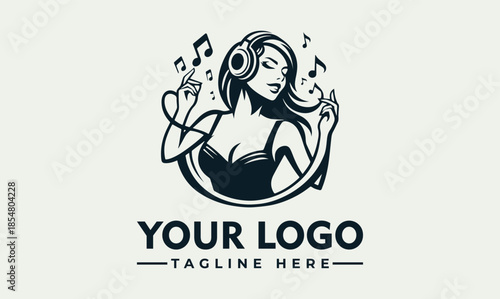 A stylized vector illustration of a woman wearing headphones and dancing to music, surrounded by musical notes, with a customizable logo and tagline on a clean background.