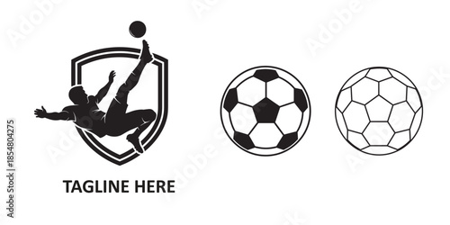 Soccer player silhouette performing bicycle kick inside shield emblem logo with soccer ball icons for sports club branding