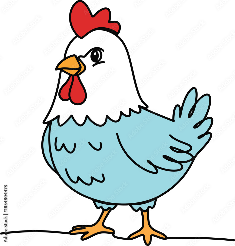Fototapeta premium Cartoon chicken with red comb and blue body standing on white background bird poultry farm
