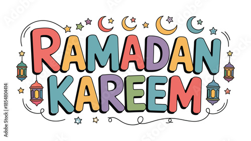 Ramadan Kareem: A vibrant and colorful illustration conveys the spirit of Ramadan, decorated with crescent moons, stars, and lanterns. The image radiates peace and festivity.