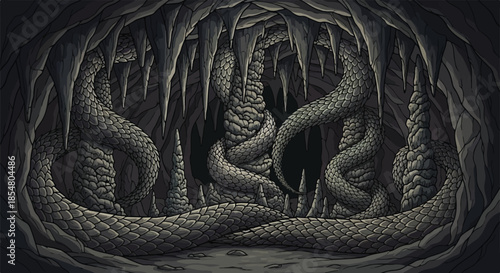 Dark Eerie Cavern with Mysterious Tentacles and Snake-Like Creatures Drawing