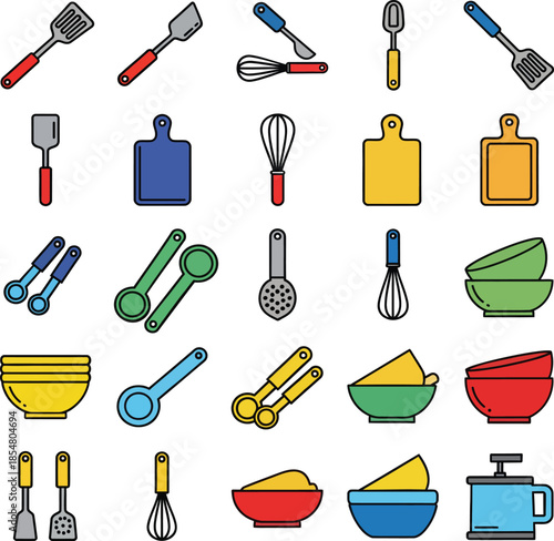 Collection of colorful kitchen utensils and cooking tools arranged in a grid on white Keywords: kitchen