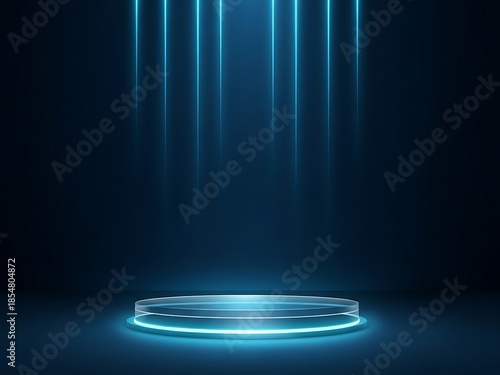 Futuristic neon podium display with glowing blue vertical light beams on dark background for product presentation or stage show