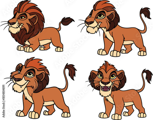 Four cartoon lions with brown fur and reddish manes in different poses on white Keywords: lions cartoon