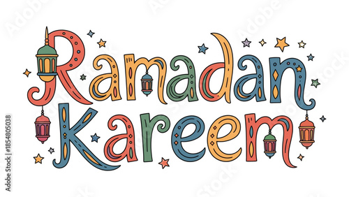Ramadan Kareem: Decorative hand-lettering adorns the festive greeting. Showcasing artistic calligraphy and ornate lamps, a celebratory message to honor the holy month. 