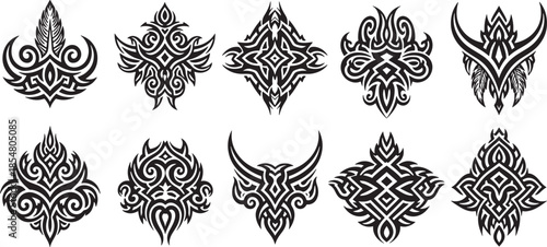 A collection of intricate tribal-style ornamental vector designs, perfect for graphic and tattoo art
