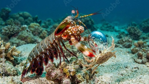 Colorful peacock mantis shrimp unleashing a cavitation bubble punch with its raptorial appendage on a crab over sandy seabed in a tropical coral reef, extreme macro action