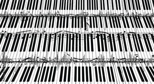 Abstract Composition of Multiple Stacked Piano Keyboards in Black and White Design