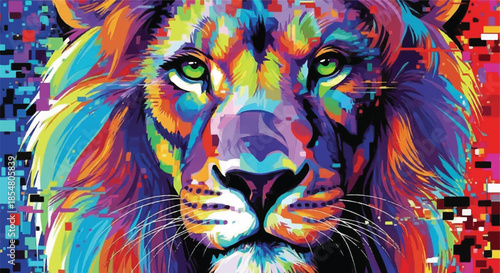 Vibrant Pop Art Style Close-up Portrait of a Lion Face with Rainbow Colors