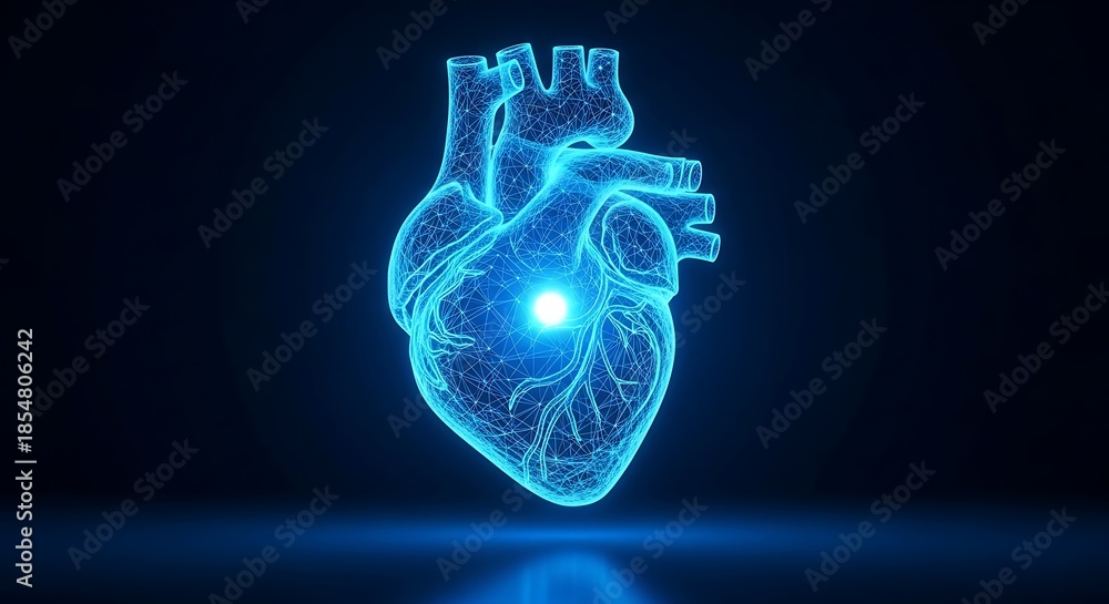 Obraz premium Blue glowing wireframe 3D model of a human heart representing cardiology and medical technology