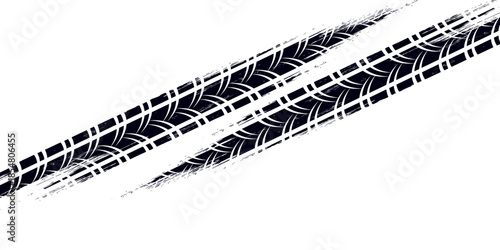 Tire track. Car, bike, motorcycle tyre mark with grunge effect isolated on white background. Wheel footprint on the road. Top view of rubber protector mark