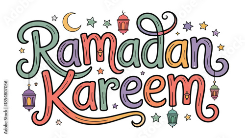Ramadan Kareem: A vibrant illustration of Ramadan Kareem in a creative font, complemented by crescent moons, stars, and lanterns. A visual representation of the holy month.