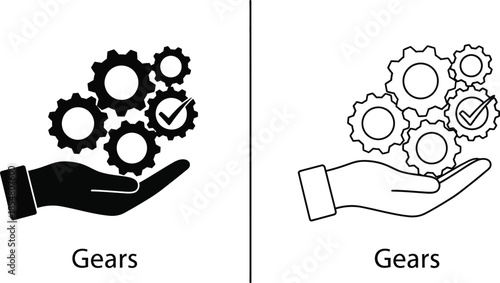black and white gear icons in hands