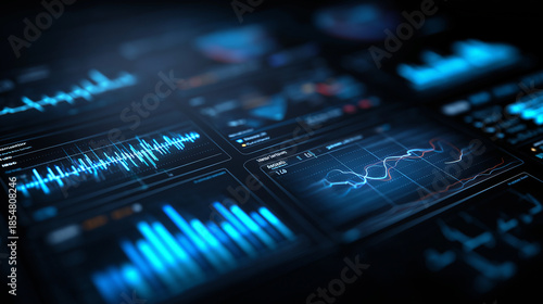 Medical data analysis concept, glowing charts, patient data visualization, healthcare analytics dashboard, dark background, neon blue highlights, ultra sharp