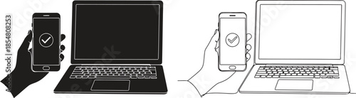 line drawing of hands holding smartphones next to laptops