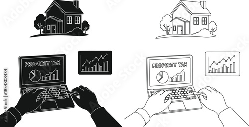 Property tax concept with houses and laptops  financial analysis and planning