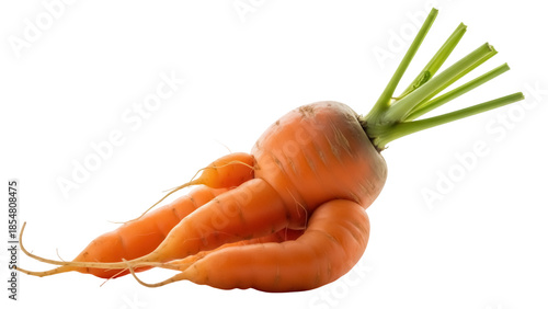 Εκτύπωση καμβά Deformed orange carrot with green stems isolated PNG, unusual vegetable for heal