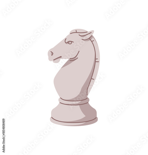 Icon of white knight. Chess piece of horse. Chessman with shape of animal head. Figure to play on chessboard. Strategic boardgame, tactical board game. Flat isolated vector illustration on white