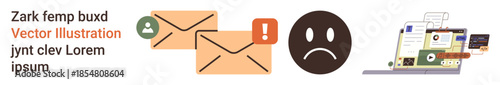 Email notifications, cybersecurity, communication errors, data management, online alerts, user feedback. Envelope icons, sad emotion, and digital screens portray communication issues