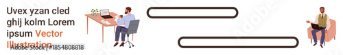 Remote work, online collaboration, digital communication, business productivity, workplace diversity, graphic design. Two individuals working on laptops. Remote work and online collaboration concept