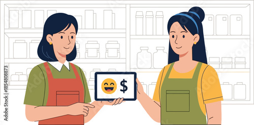 Two women holding a tablet with a dollar sign and smiling face