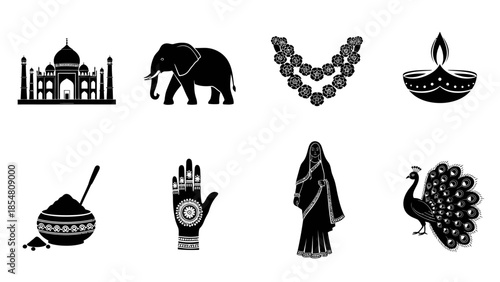 Collection of iconic Indian cultural symbols including the Taj Mahal, elephant, peacock, and traditional attire.