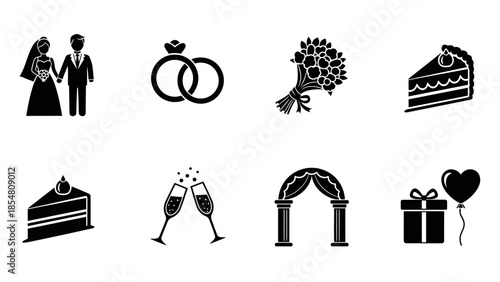 A collection of black and white wedding-themed icons including a bride and groom, rings, cake, and champagne.