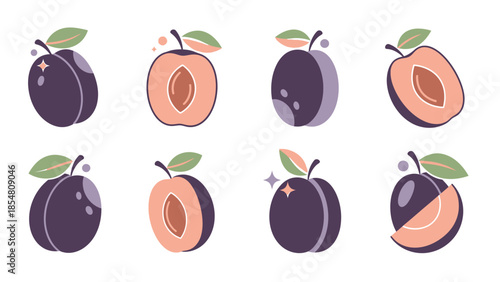 A collection of stylized illustrations of plums, showcasing whole fruits and halved fruits with visible pits, in a soft, pastel color palette.