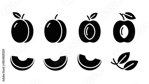 A collection of black and white icons representing plums in various forms, including whole fruits, halved fruits, slices, and leaves.