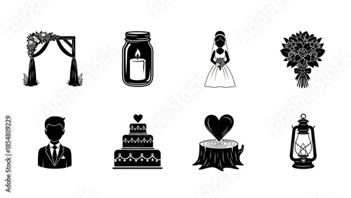A collection of black and white wedding icons including an arch, candle in a jar, bride, groom, cake, tree stump with heart, bouquet, and lantern.