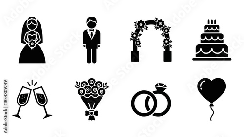 Black silhouette icons representing various elements of a wedding ceremony and celebration, including bride, groom, cake, rings, and flowers.