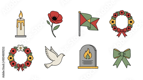 A collection of remembrance and memorial icons featuring a burning candle, poppy flower, flag, floral wreaths, a dove, a gravestone with a flame, and a decorative bow.