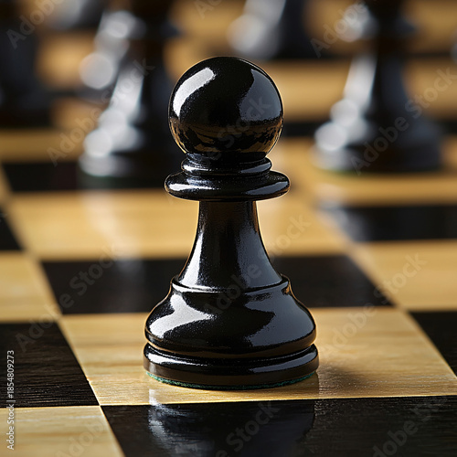 Chess game strategy indoor setting still life close-up view focus on black pawn concept of competition