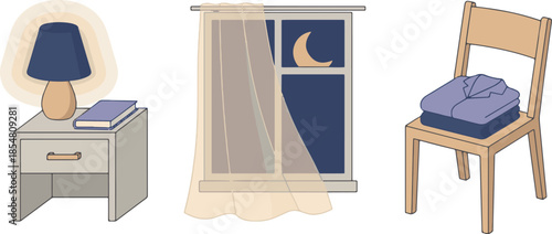 Cozy Night Bedroom Routine Vector Set. Nightstand with Lamp, Window with Moon, and Chair with Clothes.