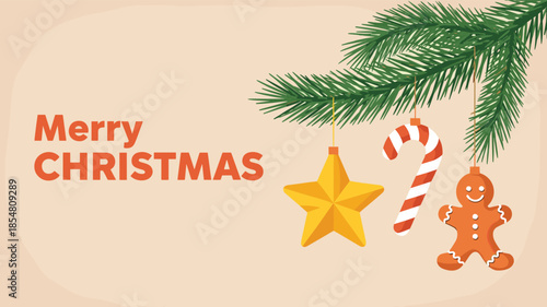 Christmas greeting illustration, pine branch with ornaments, festive holiday design, joyful seasonal message, cad drawing flat vector illustration