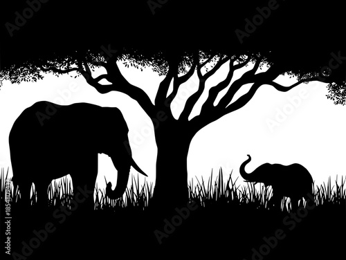Vector-style silhouette scene of African savanna, large elephant on the left, smaller elephant on the right, both beneath a dense tree canopy, tall grass suggested with jagged lines, high-contrast bla