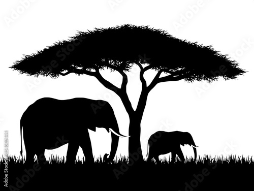 Vector-style silhouette scene of African savanna, large elephant on the left, smaller elephant on the right, both beneath a dense tree canopy, tall grass suggested with jagged lines, high-contrast bla