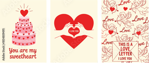 Valentine card set, romantic love messages, sweetheart and cherub designs, festive affection graphics, cad drawing flat vector illustration