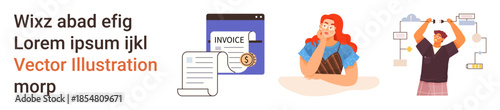 Finance, administration, workflow, problem solving, digital tools, organization. Flat icons include an invoice, thinking woman troubleshooting person. Finance and administration concept