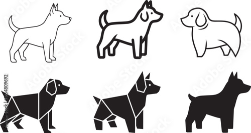 Dog icon set in outline rounded geometric and silhouette styles suitable for pet care branding veterinary services animal apps and friendly mascot designs