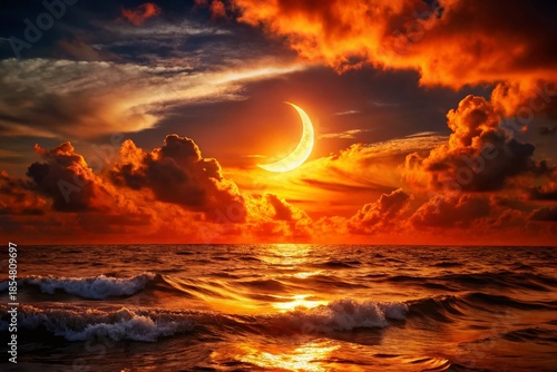 Fiery Crescent Moon Silhouette Over Swirling Ocean - Ethereal Night Scene