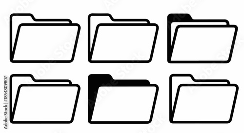 Simple black and white vector icons of open file folders in outline and solid styles, representing digital organization and data storage symbols.