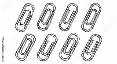 Black and white line art illustration featuring a pattern of eight classic paper clips on a clean white background, symbolizing office supplies and organization.