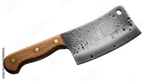 Photos Rustic meat cleaver isolated PNG, vintage butcher knife with wooden handle on tr