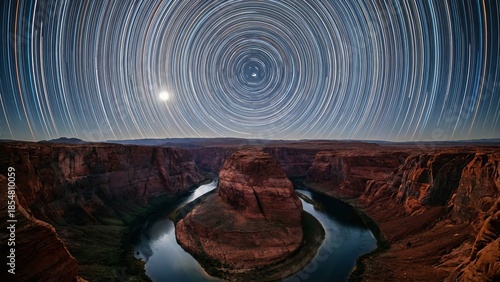 Horseshoe bend canyon landscape under a celestial star trail display, with the colorado river meandering through the ancient red rock formations illuminated by the moon