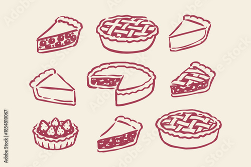 Pies and cake slices doodle sketch vector illustration
